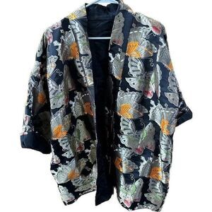 Kimono Gold Black Butterfly Brocade Jacket Pocket Open Front 26x33” XL Reversibl